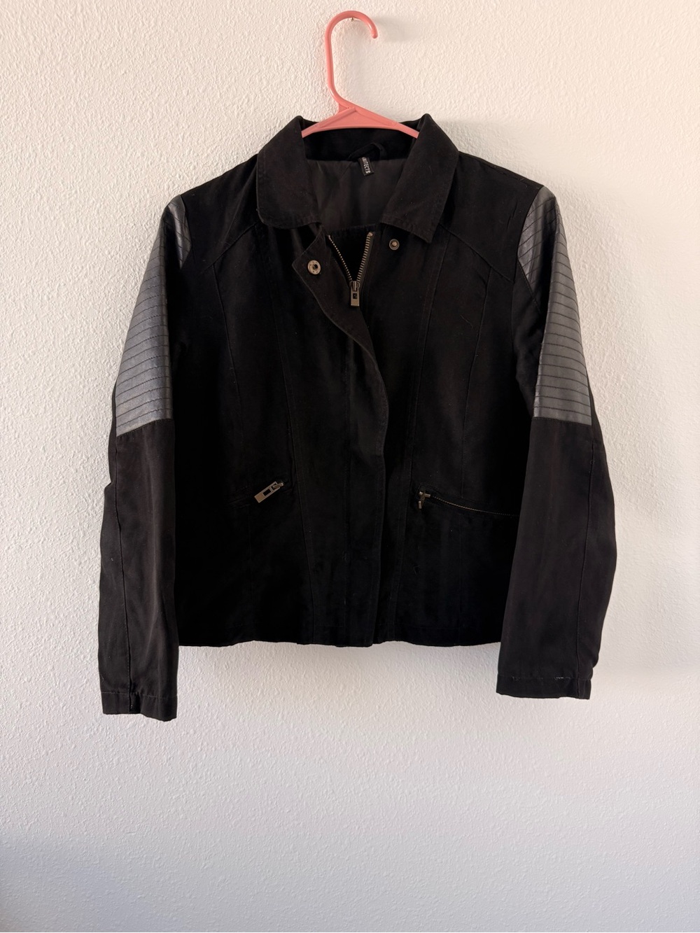 Black Women's Suede Jacket with Quilted Gray Sleeve Panels